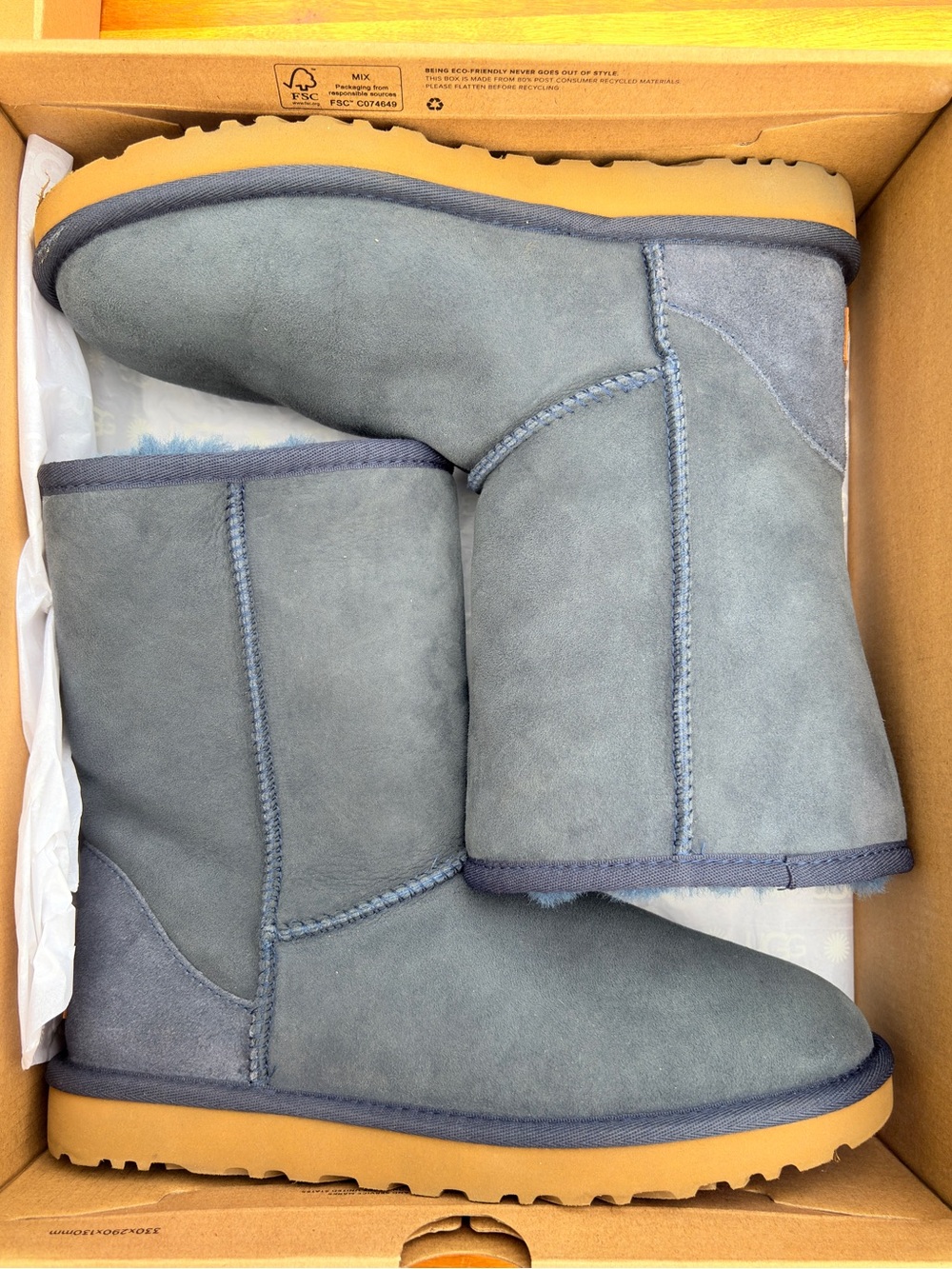 Women’s Blue Grey UGG Classic II Shearling Lined Short Boot Sz 8 Navy In box